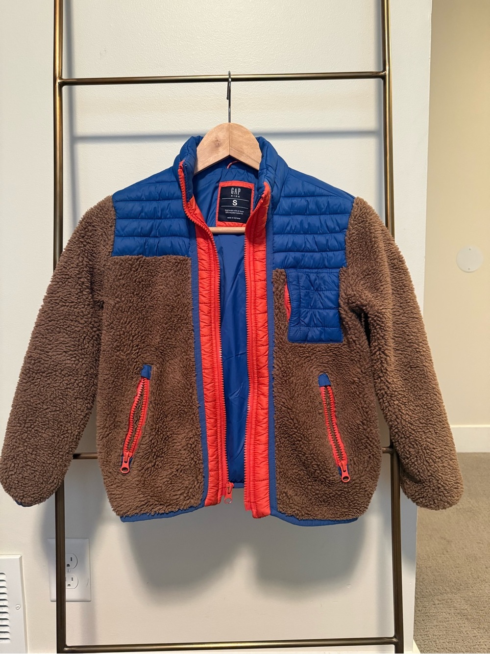 GAP Kids Brown Sherpa Jacket with Blue Quilted Yoke and Orange Trim